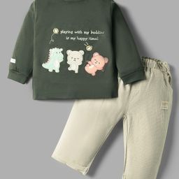 Ollypop Interlock Knit Full Sleeves T-Shirt & Trouser with Animal Patch & Embroidery - Dark Green & Light Green-picture-26
