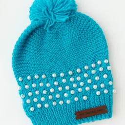The Original Knit Knit Beads Embellished With Pom Pom Handmade Cap - Light Blue - Diameter 34.5 cm-picture-16