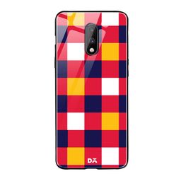 DailyObjects Red & Blue Quartet Checks 4 OnePlus 7 Glass Case image 1