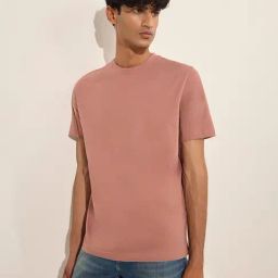 WES Casuals by Westside Dusty Pink Solid Slim-FitCotton T-Shirt-picture-21