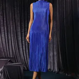 BInfinite Royal Blue Pleated High Neck Maxi Dress-image-3