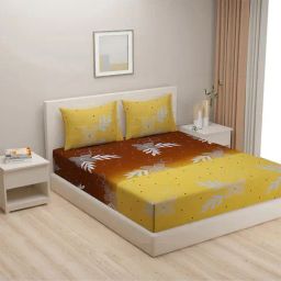 Swayam Zinnia Floral Brown & Yellow 240 TC Cotton King Bedsheet with 2 Pillow covers-picture-48