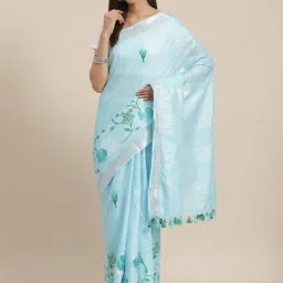 Kalakari India Blue Linen Embroidered Saree With Unstitched Blouse-picture-37