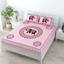 Living Roots Pink & Brown Cotton 180 TC Super King Bedsheet with 2 Pillow Covers-image-8