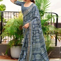 Satrani Grey Printed Saree With Unstitched Blouse-picture-16
