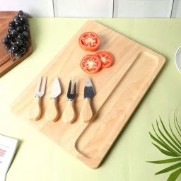 NATURALLYOURS Brown Acacia Wood Rectangular Cheese Board With Knife Set-image-3