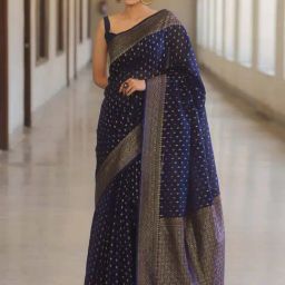 Satrani Navy Blue Silk Woven Saree With Unstitched Blouse-image-83