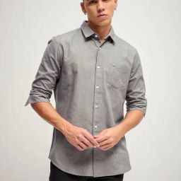 The Bear House Grey Cotton Slim Fit Texture Shirt-image-30
