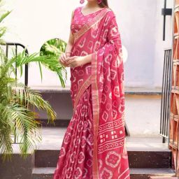 Satrani Pink Geometric Print Saree With Unstitched Blouse-picture-11