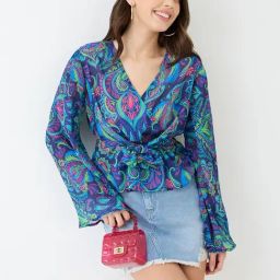 Globus Women Blue Georgette Paisley Print V-Neck Wrap Waist Tie-up Flared Sleeves Peplum Top-picture-25