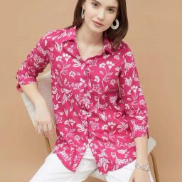 Colour Me By Melange Pink Cotton Regular Fit Printed Shirt-image-5