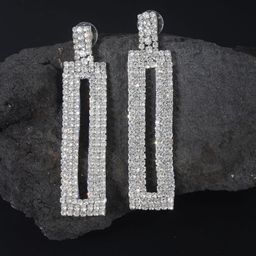CORSICA Silver Plated Rhinestone Studded Contemporary Shaped Drop Earrings-image-84