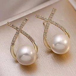 Celestique Pearls Studded Contemporary Shaped Korean Drop Earrings-13