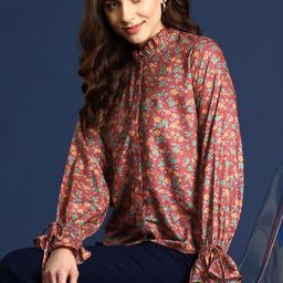 Mast & Harbour Floral Print High Neck Bishop Sleeves Ruffles Top-picture-21