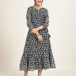 DressBerry Women Floral Print Belted Flounce Georgette A-Line Midi Dress-image-33