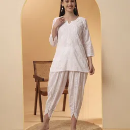 Z HOME Women Floral Embroidered Thread Work Pure Cotton Lucknow Kurti-image-66