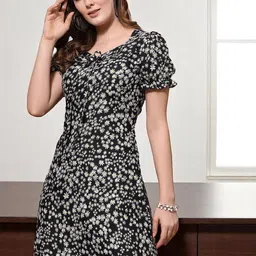 OOMPH! FACTOR Women Floral Print Puff Sleeve Crepe Sheath Mini Dress-image-59