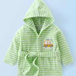 Babyhug Knit Terry Full Sleeves Hooded Bath Robe with Car Patch - Green-image-26