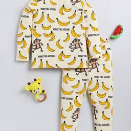 Little Marine Full Sleeves Banana And Monkey Printed Nightsuit -Yellow-image-13