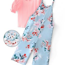 Ollington St. 100% Cotton Woven Half Sleeve Top with Loose Fit Jumpsuit Floral Print - Pink & Light Blue-image-43