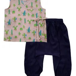 Snowflakes Sleeveless Cactus Printed Jhabla  With Harem Pant Set - Pink & Navy Blue-picture-44