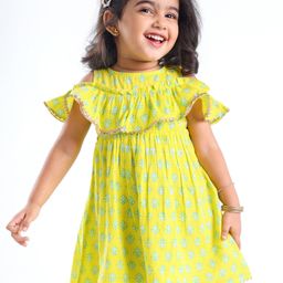 Babyhug 100% Cotton Woven Off Shoulder Cambric Printed Ethnic Dress with Tie up Details- Yellow-image-36