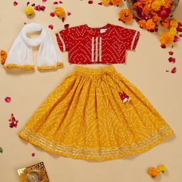 Saka Designs by Sapna Half Sleeves Bandhani Printed Choli With Lehanga & Dupatta - Red& Mustard Yellow-image-71