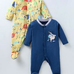 OHMS Single Jersey Knit Full Sleeves Sleep Suits With Animals Print Pack Of 2 - Navy & Yellow-image-125