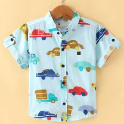 Dew Drops Poplin Cotton Knitted Half Sleeves Vehicle Printed Shirt - Aqua Blue-image-85