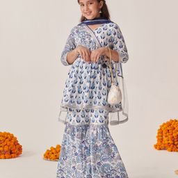 Pspeaches Cotton Three Fourth Sleeves Ethnic Motif Printed Kurta With Sharara & Dupatta - Blue-image-94