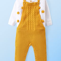 Babyhug Knitted Full Raglan Sleeves T-Shirt with Cable Knit Designed Dungaree - Mustard & White-image-8