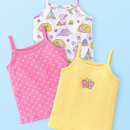 Babyhug 100% Cotton Knit Singlet Sleeves Antibacterial Slips With Polka Dots & Butterfly Print Pack of 3 - White Pink & Yellow-image-63