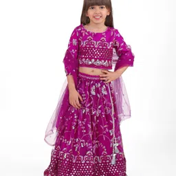 Babyhug Woven Full Sleeves Floral Sequinned & Embroidered Choli With Lehenga and Dupatta - Purple-picture-0