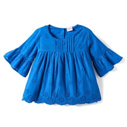 Babyhug Rayon Woven Half Bell Sleeves Solid Colour Top With Schiffli Detailing - Blue-image-29