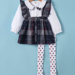 ToffyHouse 100% Cotton Knit Full Sleeves Solid Peter Pan Collared Top with Checkered Skirt & Polka Dots Printed Leggings- Navy Blue-image-56