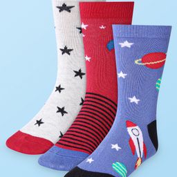 Cute Walk by Babyhug Cotton Lycra Knit Anti-bacterial Socks Strips Stars & Rocket Design Pack of 3 - White Red & Purple-image-73