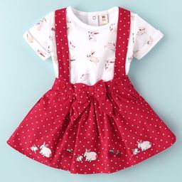 ToffyHouse Cotton Knit Half Sleeves Top & Skirt Set With Rabbit Print & Embroidery - White & Red-image-39