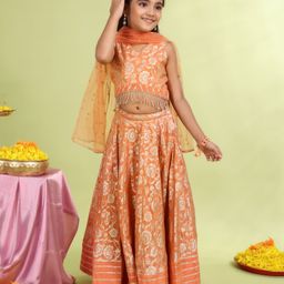 MASTARANG Sleeveless Round Neck Lehenga Set With Dupatta-Peach-image-68