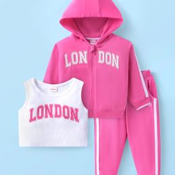 Babyhug Terry Knit Full Sleeves Text Print HoodedSweat Jacket & Taped Lounge Pant with Inner T-Shirt - Pink & White-image-2