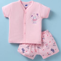 Simply Sinker Knit Half Sleeves Shorts Night Suit With Animal Print - Pink-image-73