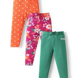 Babyhug Cotton Knit Full Length Polka Dots & Floral Printed Leggings Pack of 3 - Dark Pink Orange & Green-image-95