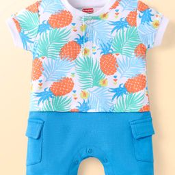 Babyhug 100% Cotton Knit Half Sleeves Romper With Fruit Print - White & Blue-image-100