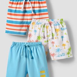 Babyhug Single Jersey Knit Shorts With Stripes & Beach Theme Print Pack Of 3 - Light Blue White & Orange-image-70