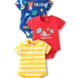 Babyhug 100% Cotton Knit Half Sleeves Onesies With Stripes & Animal Print Pack of 3 - Blue Red & Yellow-image-32