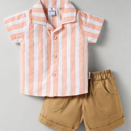 Child World Cotton Woven Half Sleeves Striped Shirt & Shorts Set - Pink-image-7