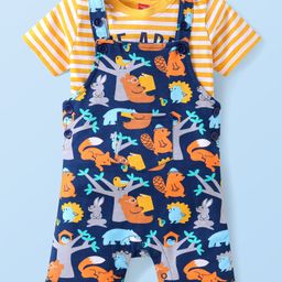 Babyhug Single Jersey Knit Half Sleeves Striped T-Shirt & Dungaree with Jungle Theme Print - Yellow & Navy Blue-image-63