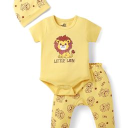 Doodle Poodle 100% Cotton Interlock Knit Half Sleeves Lion Printed Onesie with Diaper Legging & Cap- Yellow-image-35