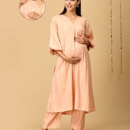 The Mom Store Cotton Three Fourth Balloon Sleeves Abstract Printed Maternity Kurta With Nursing Access & Pant - Peach-picture-3