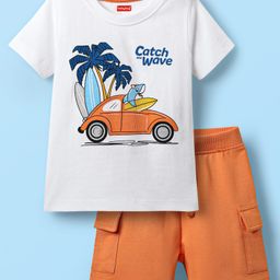 Babyhug Single Jersey Knit Half Sleeves T-Shirt & Shorts Set with Vehicle Print - White & Orange-image-69