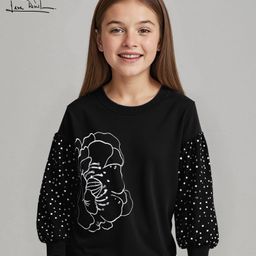 Arias Looper Knit Full Drop Shoulder Sleeves Cotton Brushed Sweatshirt With Foil Print & Sequin Detailing - Black-image-45